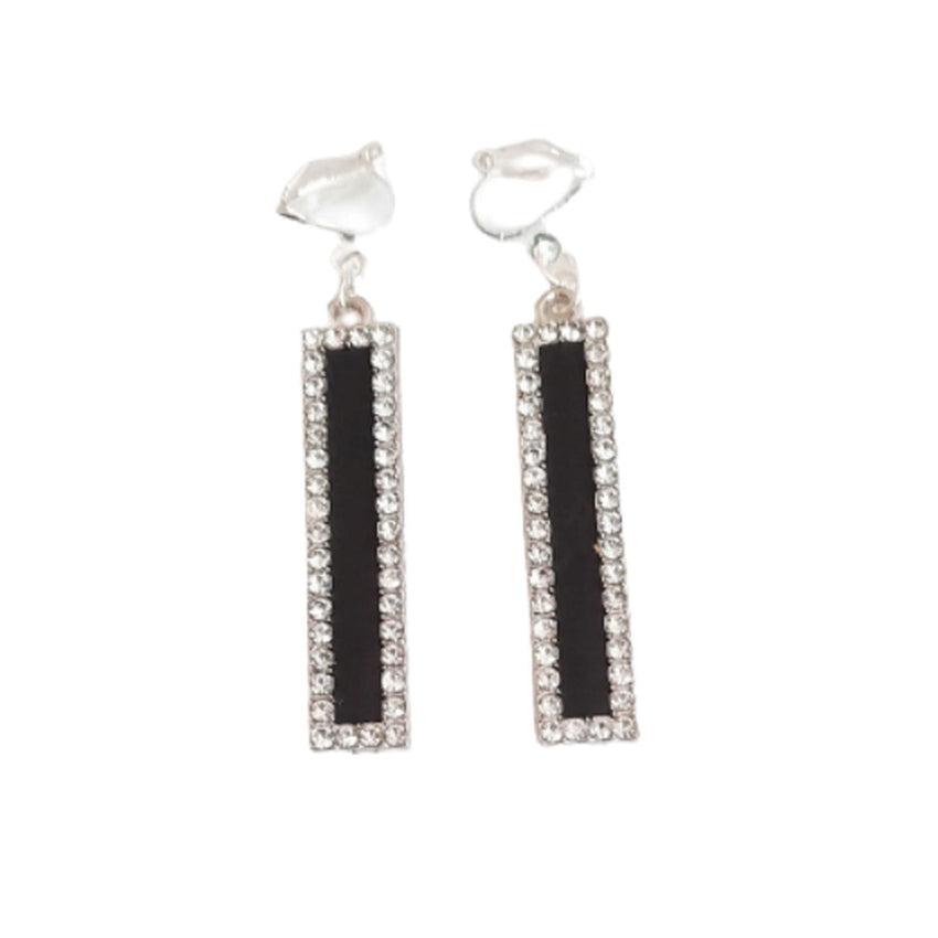 Black And Diamante Oblong Clip On Earrings