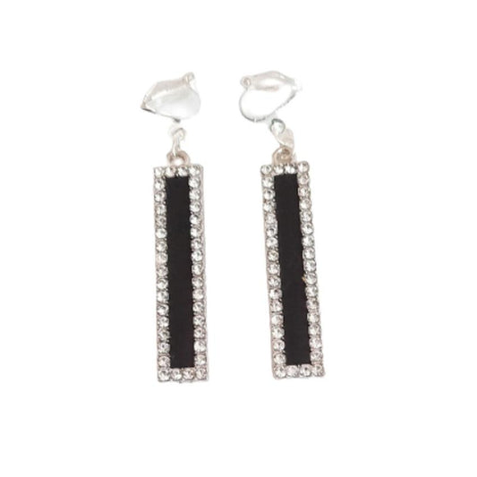 Black And Diamante Oblong Clip On Earrings
