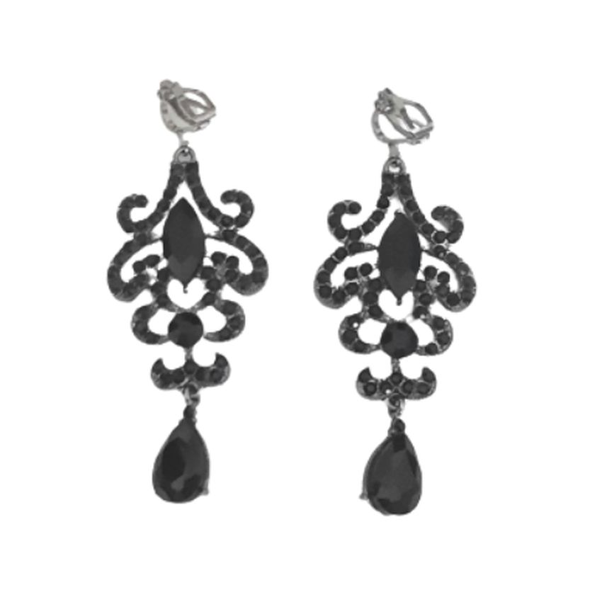 Black Diamante Drop Clip On Earrings