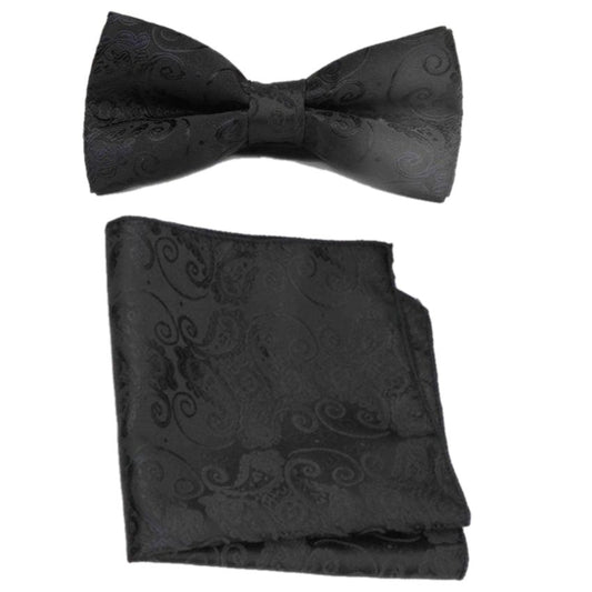 Black Embroidered Bow Tie And Hanky Set