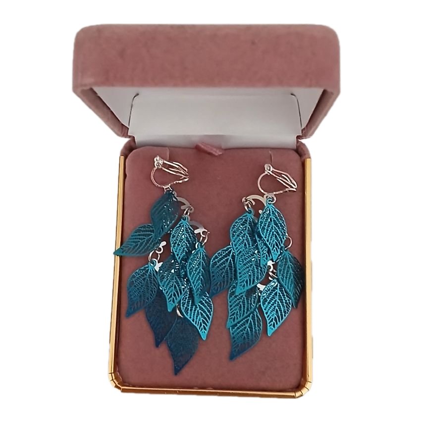 Blue Leaf Design Drop Clip On Earrings(2)