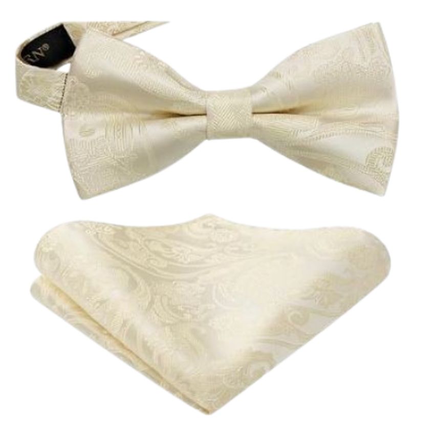 Cream Paisley Patterned Adjustable Bow Tie Hanky Set