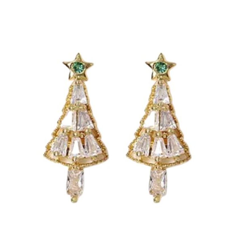 Crystal Stone Xmas Tree Clip On Earrings