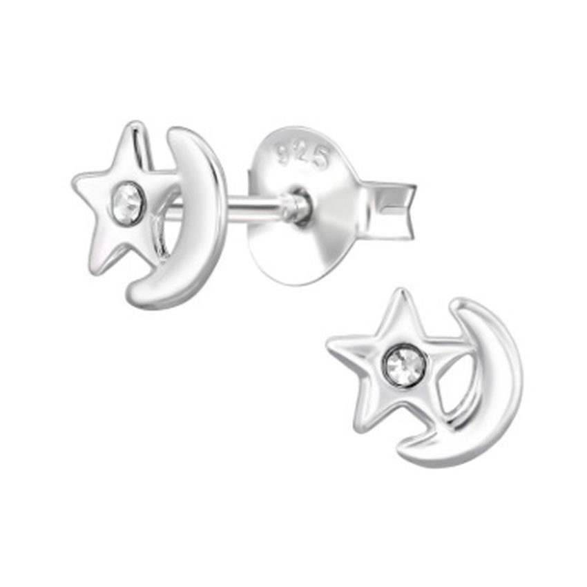 Cubic Zirconia Silver Half Moon And Star Earrings