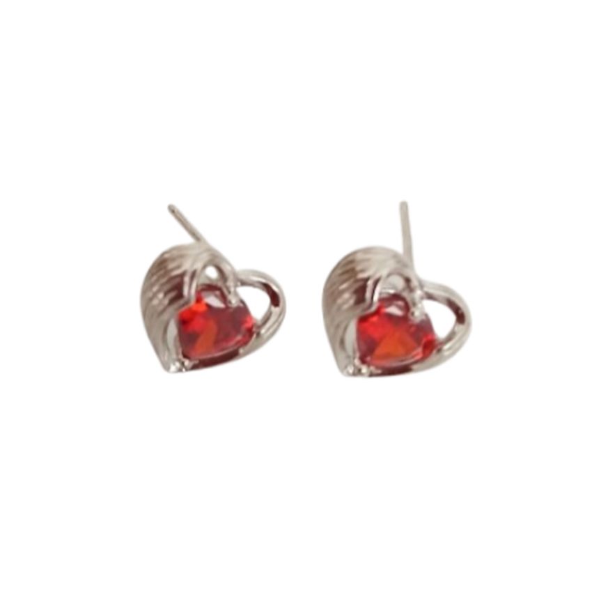 Cubic Zirconia Heart Earrings With A Red Centre
