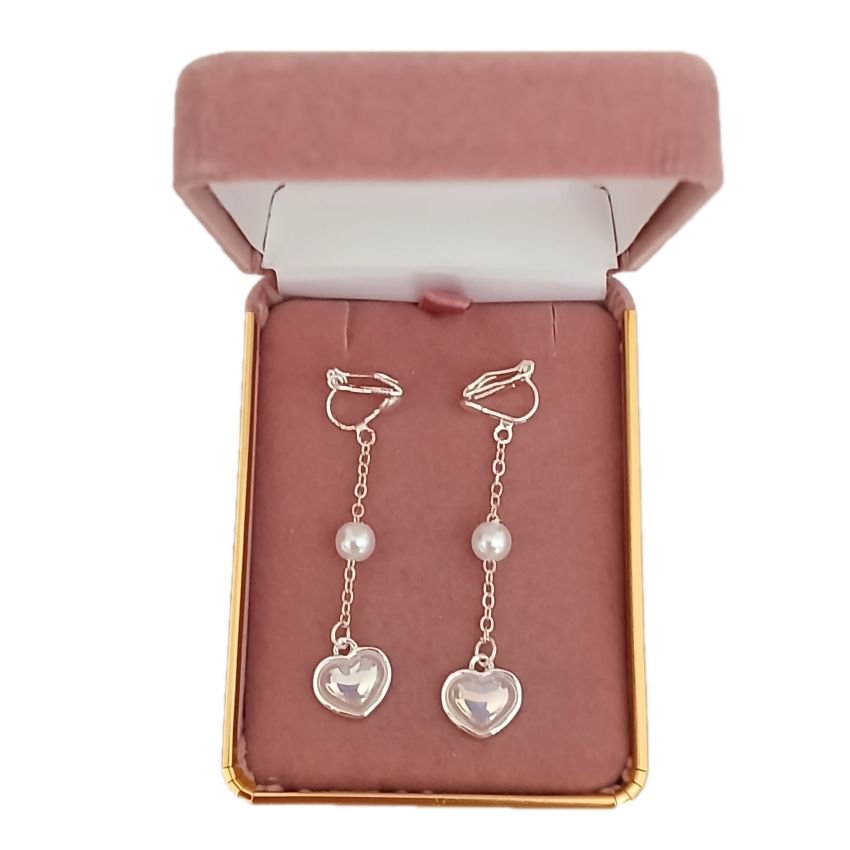 Dangly Heart Pearl Clip On Earrings(2)