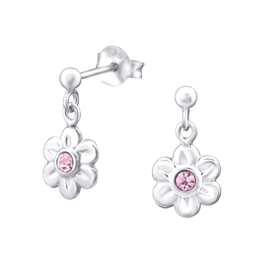 Dangly Pink Flower Sterling Silver Earrings