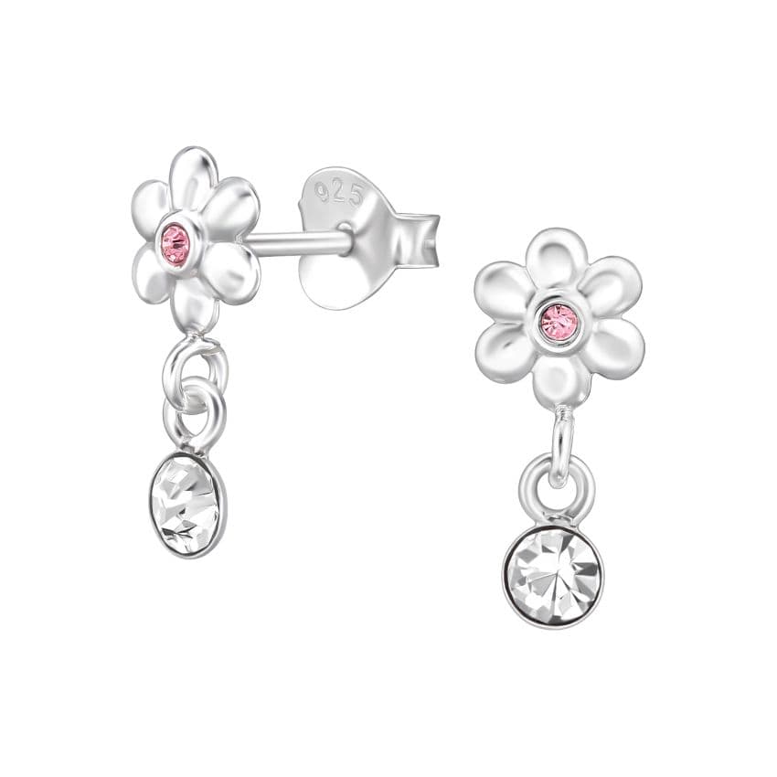 Dangly Pink Flower Sterling Silver Earrings