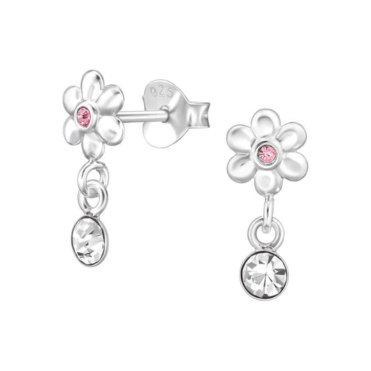 Dangly Pink Flower Sterling Silver Earrings