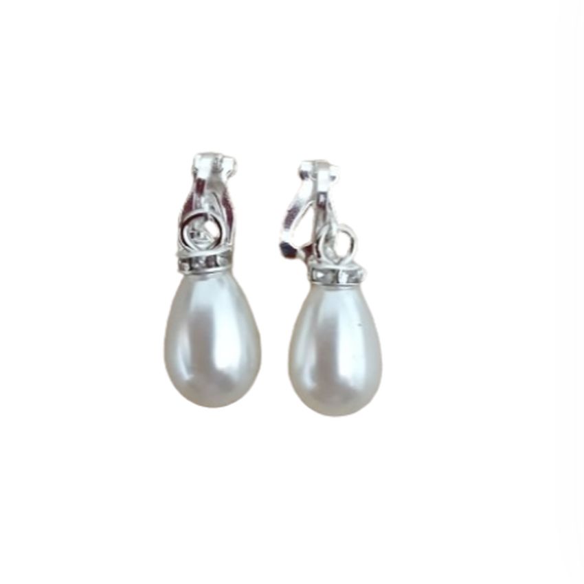 Diamante Bullet Drop Pearl Clip On Earrings