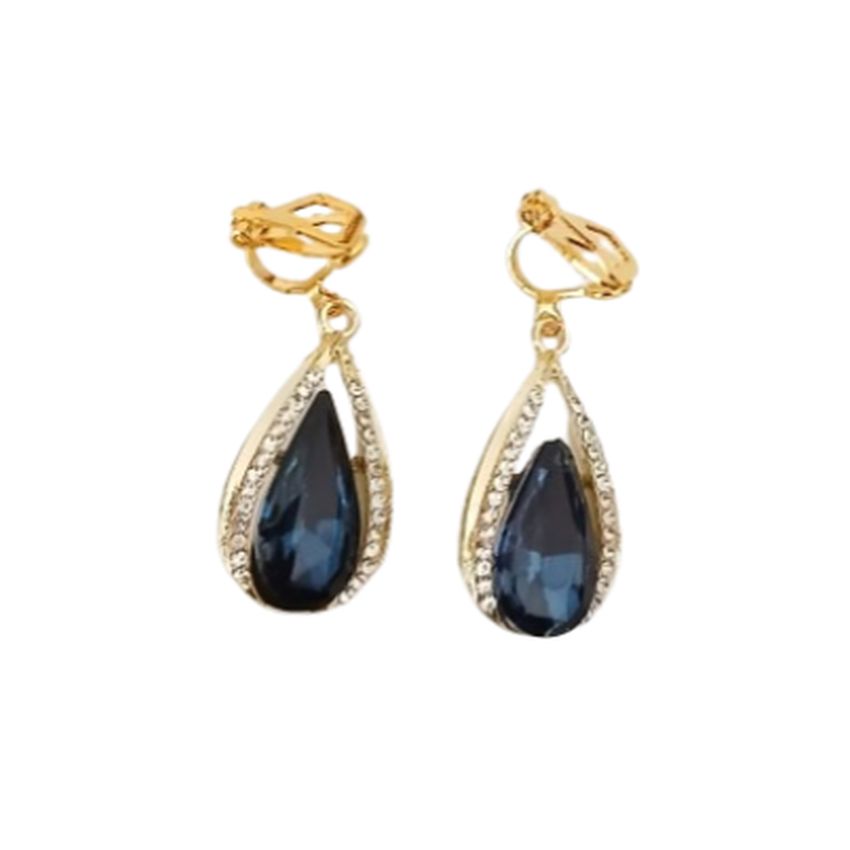 Diamante Dark Blue Dangly Clip On Earrings