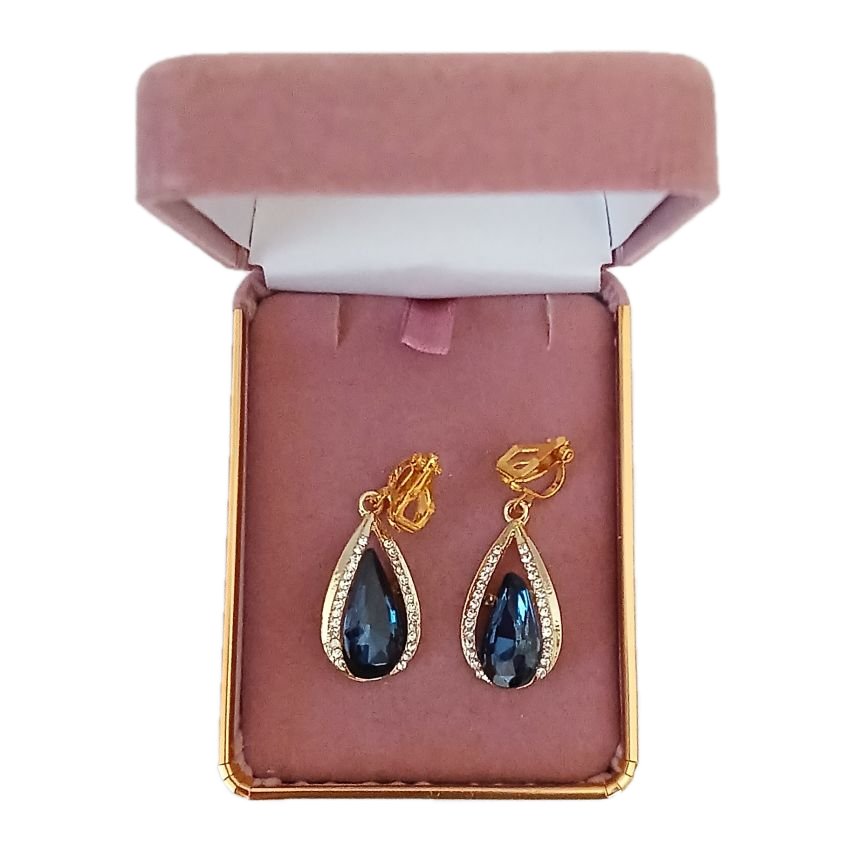 Diamante Dark Blue Dangly Clip On Earrings(2)