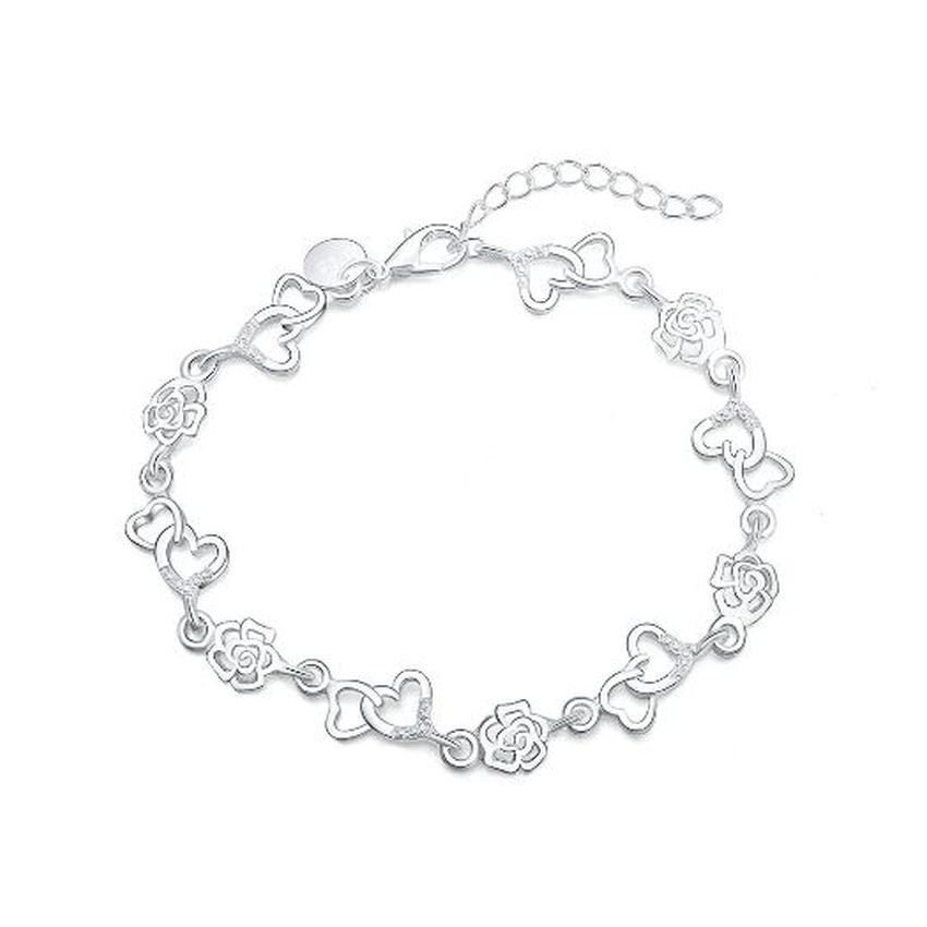 Double Heart And Flower Silver Bracelet