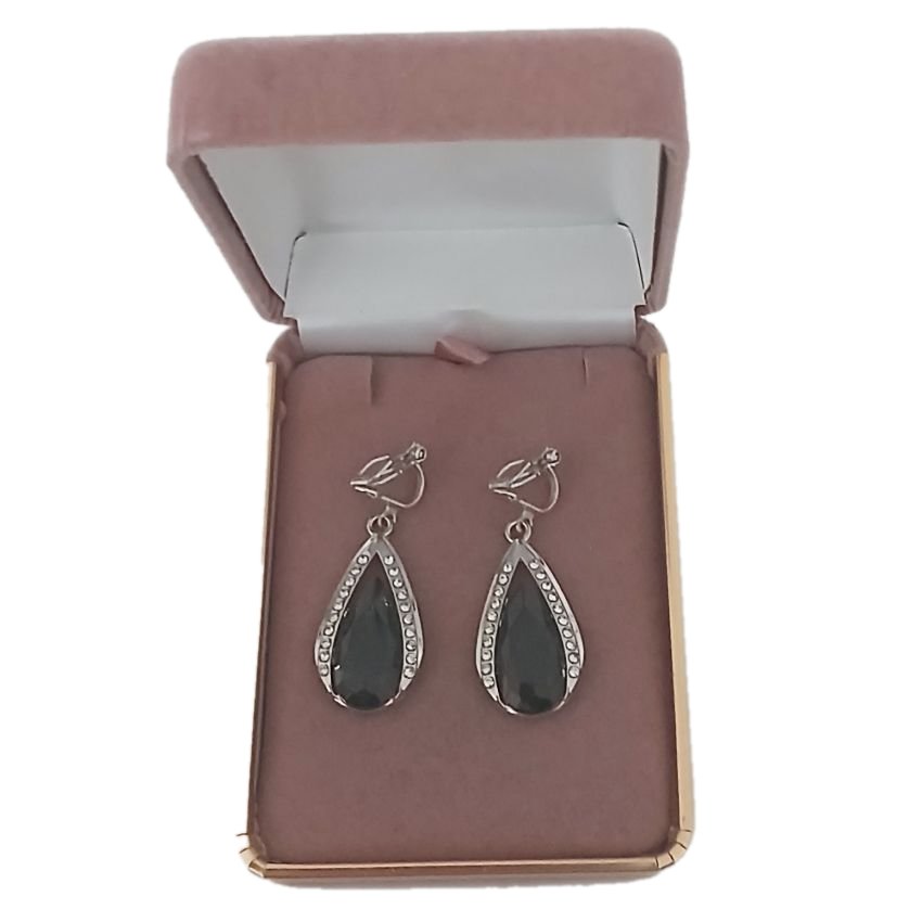 Drop Black Crystal Clip On Earrings(2)