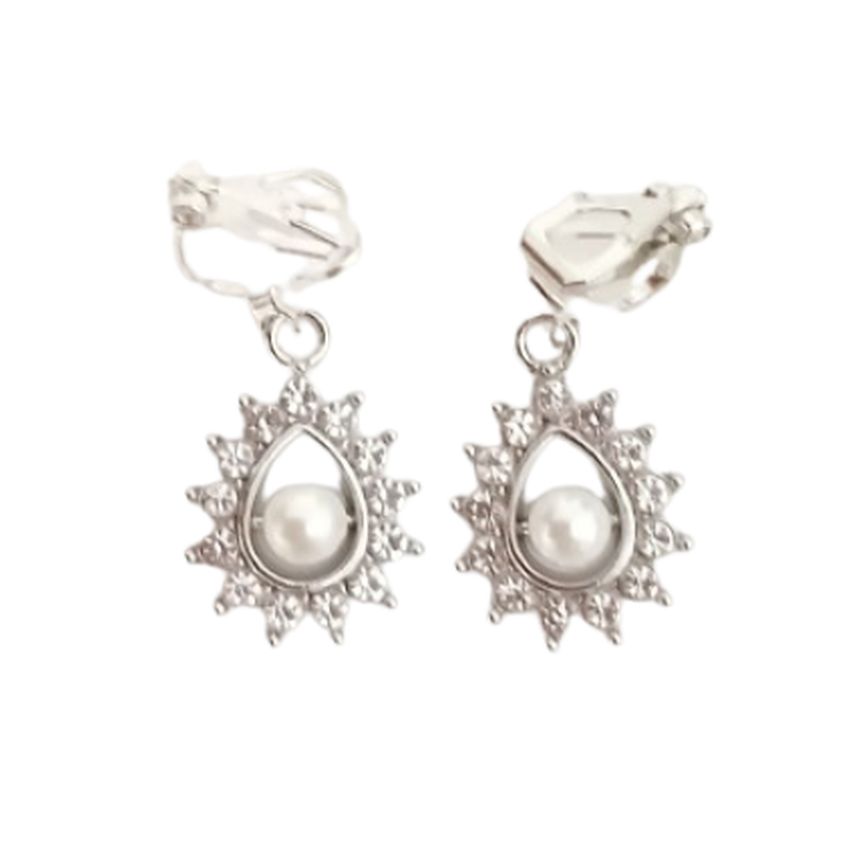 Edged Tear Drop Pearl Clip On Earrings