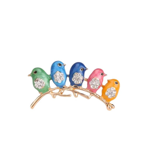 Five Coloured Birds Diamante Brooch