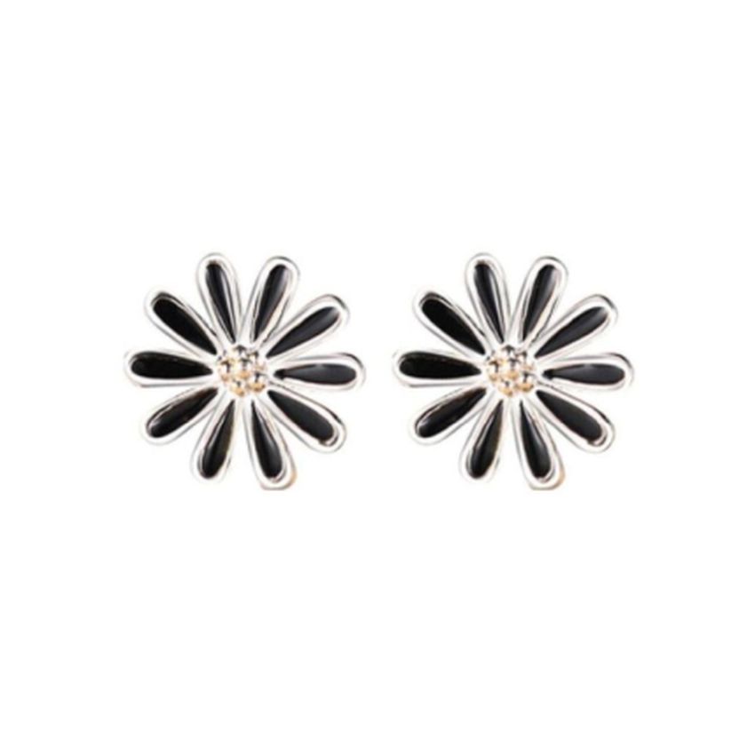 Girls Black Enamel Silver Flower Earrings