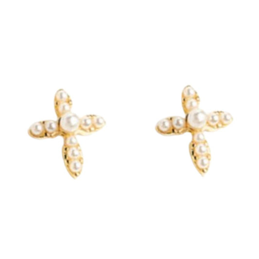 Gold Pearl Cross Communion Clip On Earrings
