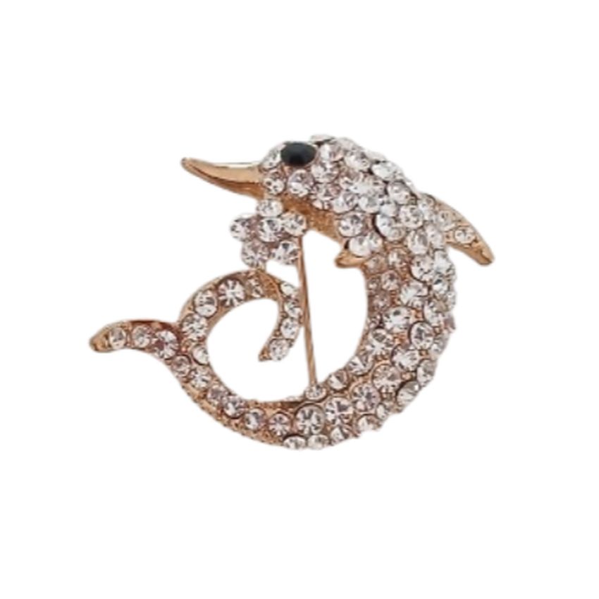 Gold Coloured Diamante Dolphin Brooch