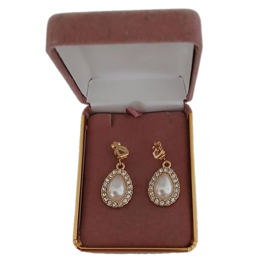 Gold Tear Drop Pearl Clip On Earrings(2)