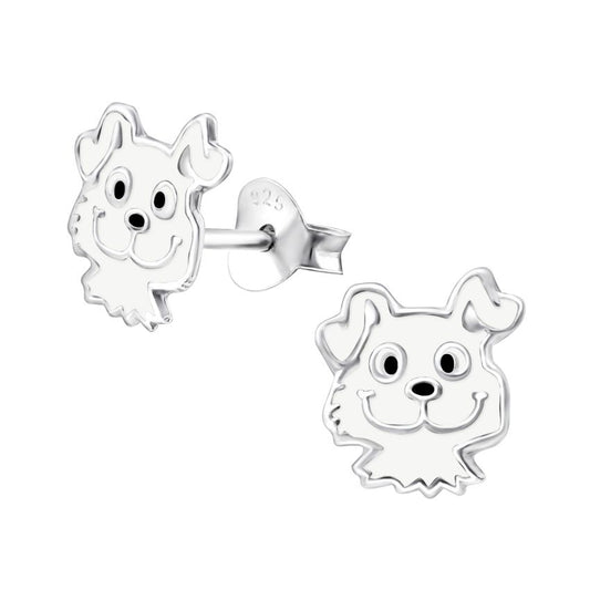 Grey And White Silver Dog Stud Earrings