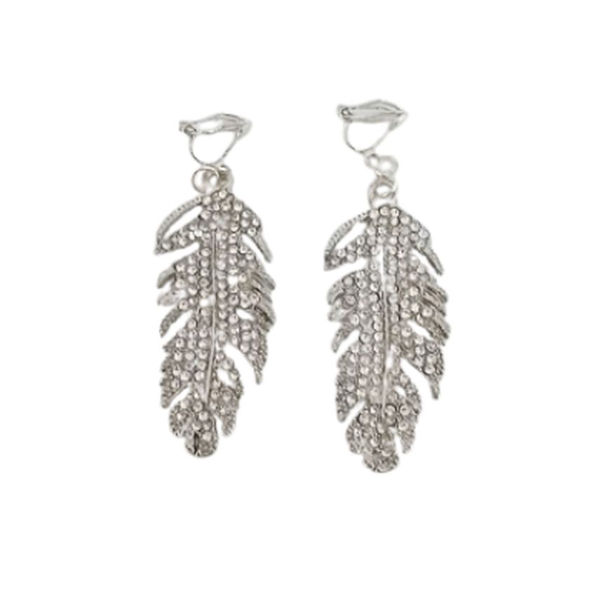 Long Feather Diamante Clip On Earrings