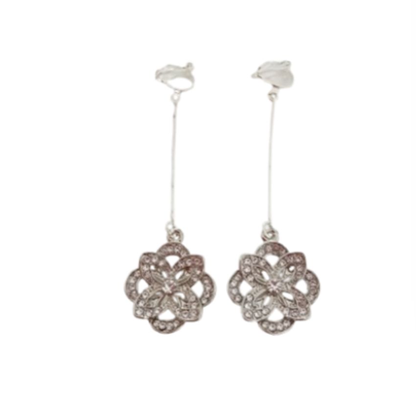 Long Stem Rhinestone Flower Clip On Earrings