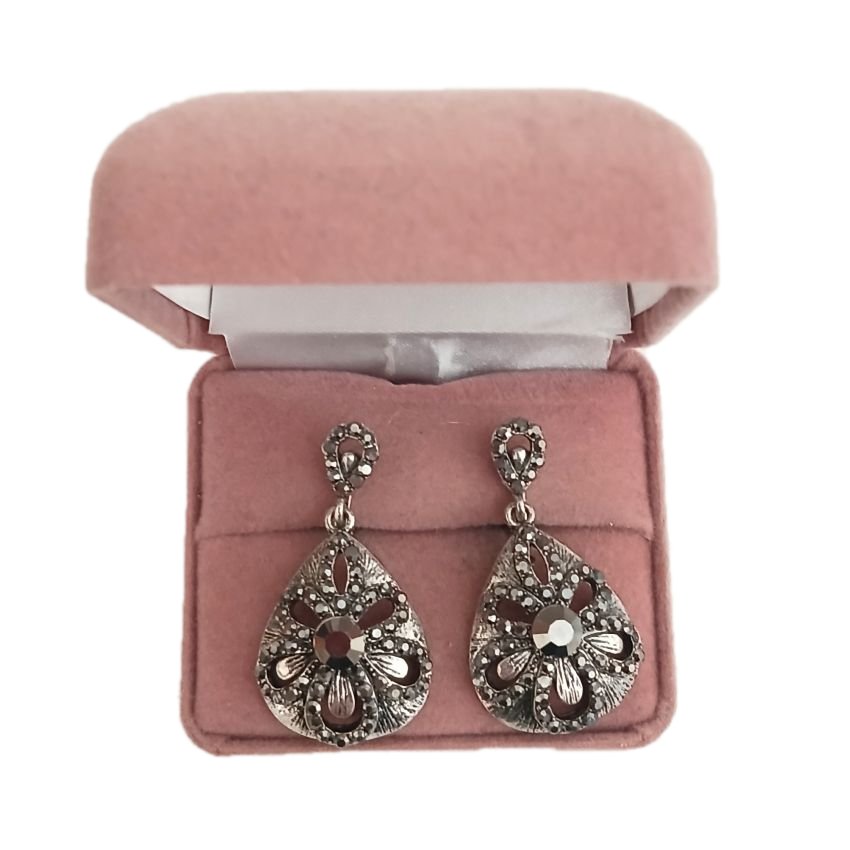 Marcasite Flower Design Oval Drop Clip On Earrings(2)