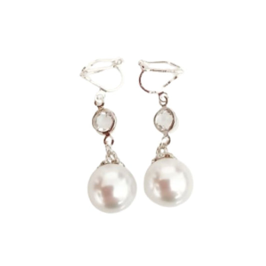 Pearl And CZ Drop Clip On Earrings
