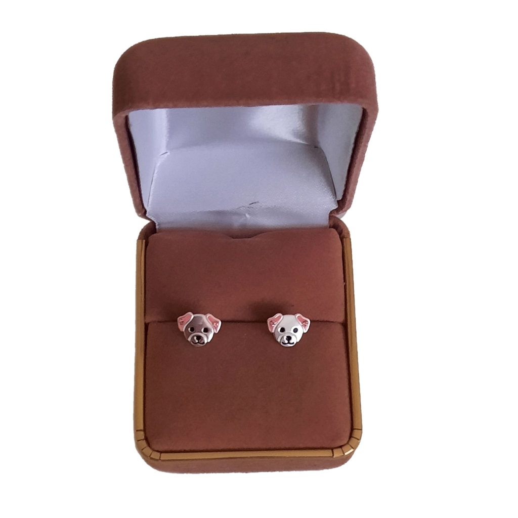 Pink Ear Dog Sterling Silver Earrings(2)