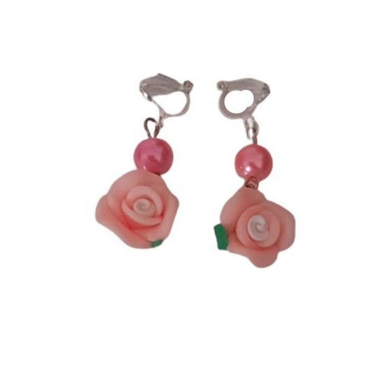 Pink Flower Dangly Clip Earrings