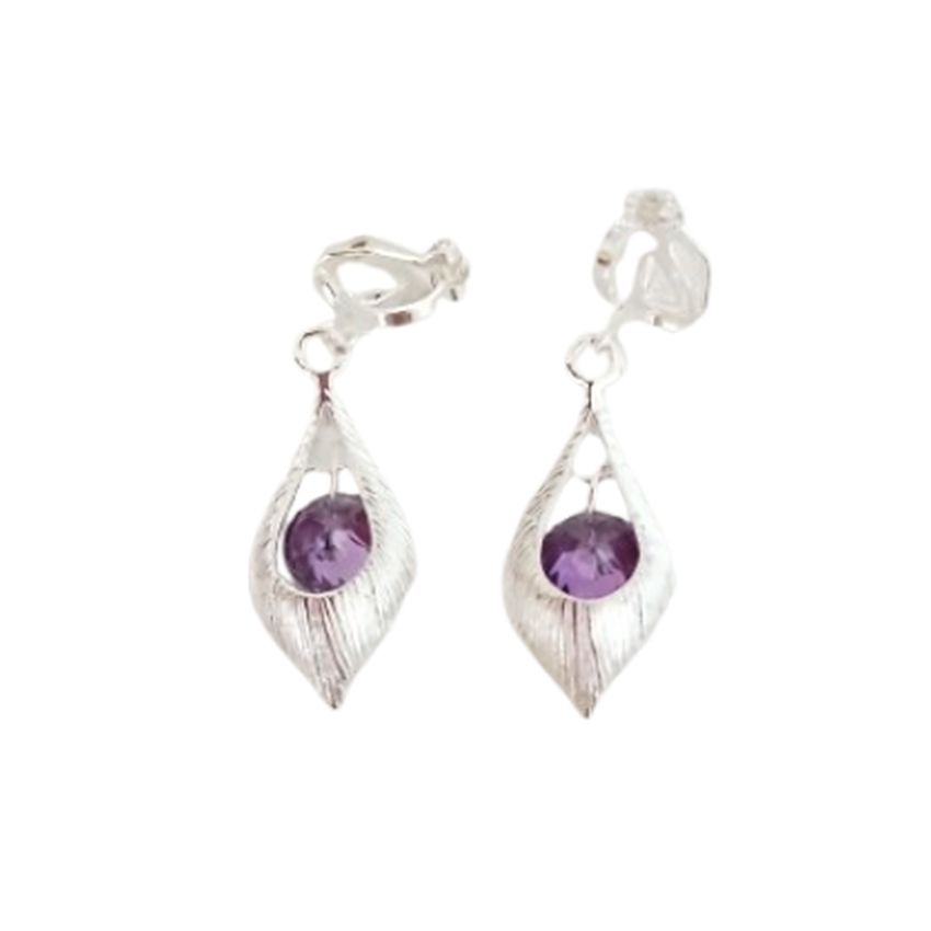 Purple Drop Silver Clip On Earrings