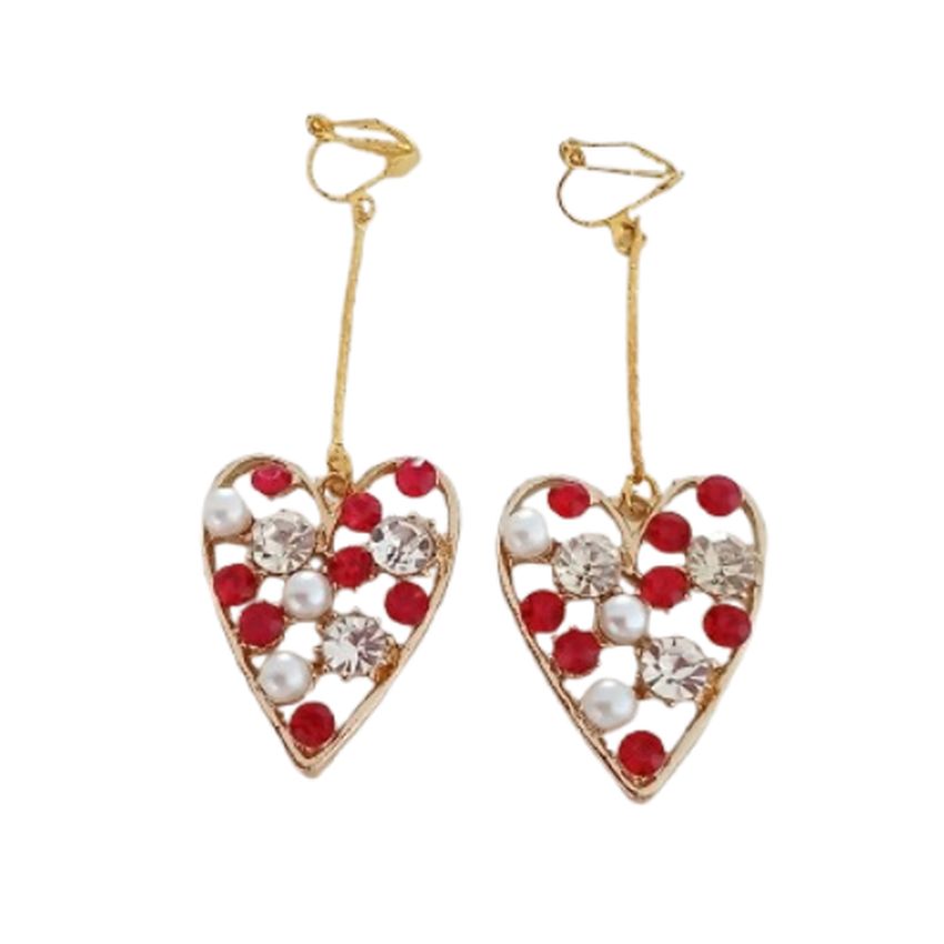 Red Heart Diamante Clip On Earrings