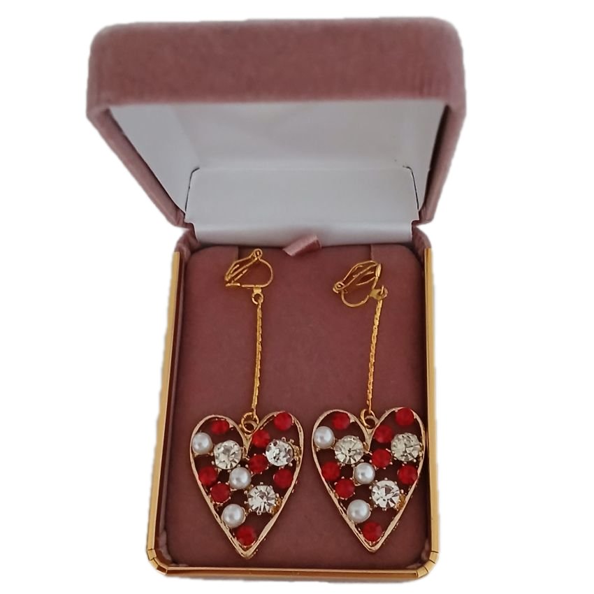 Red Heart Diamante Clip On Earrings