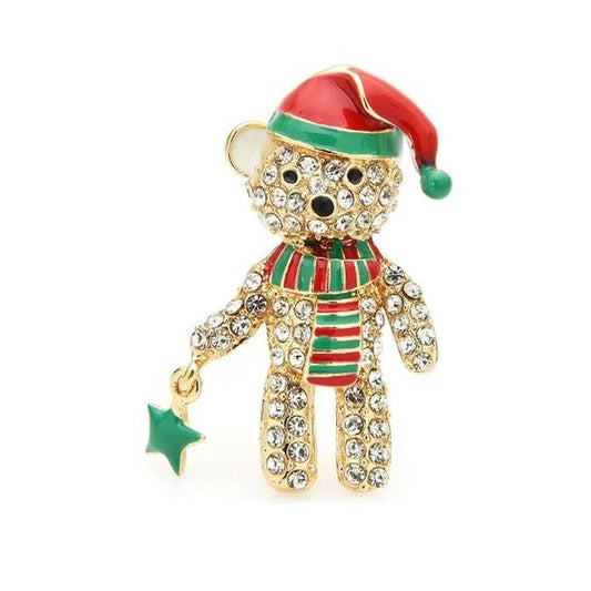 Rhinestone Teddy Bear Christmas Brooch