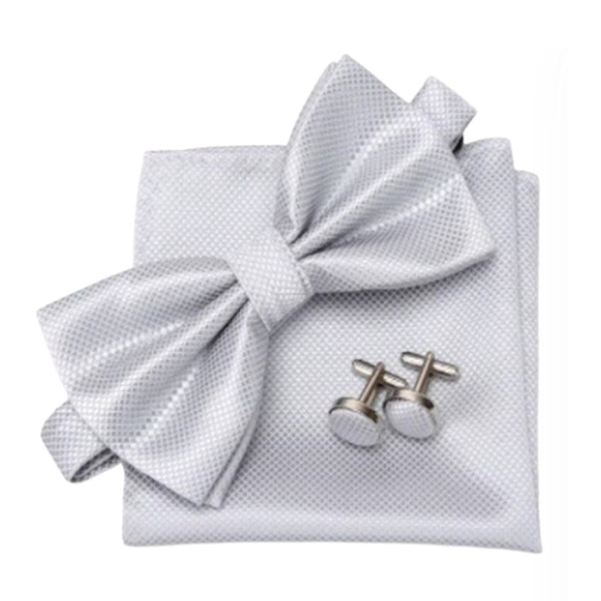 Silver Cufflinks Bow Tie And Hanky Set