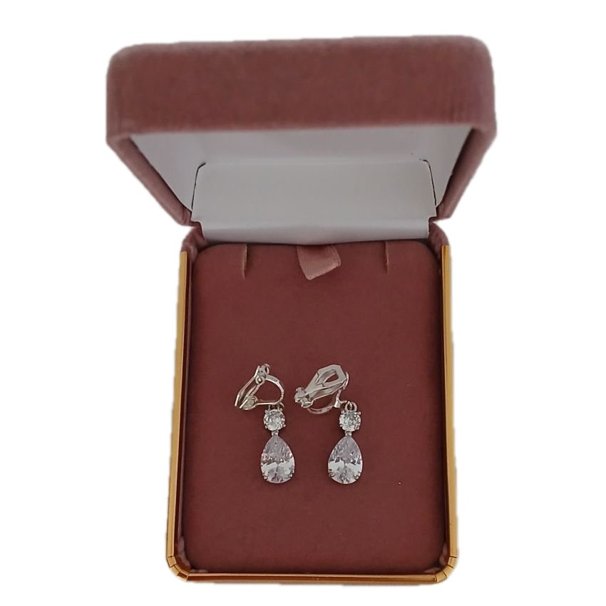 Silver Double Stone Drop Clip On Earrings(2)