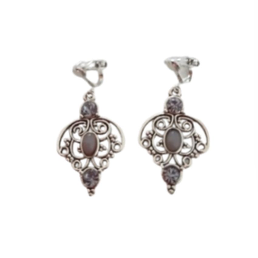 Silver Vintage Filigree Drop Clip On Earrings