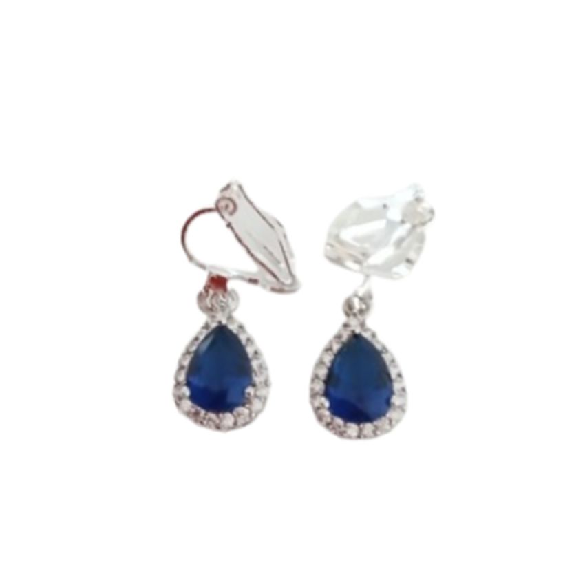 Small Drop Stone Blue Diamante Clip On Earrings