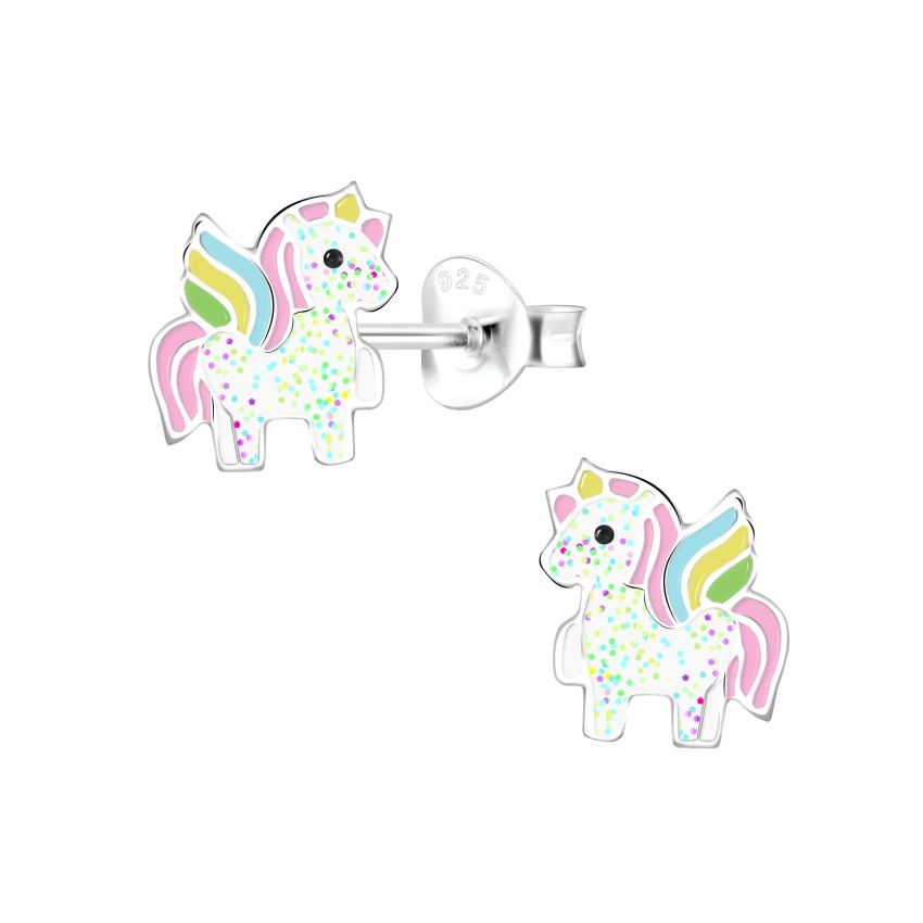 Sterling Silver Coloured Enamel Girls Stud Unicorn Earrings