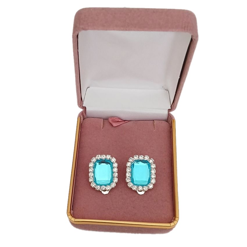 Turquoise Rectangle With Diamante Edges Clip On Earrings(2)
