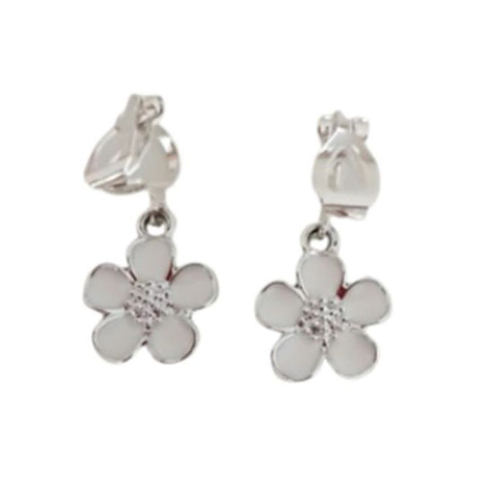 White Flower Small Drop Clip On Earrings