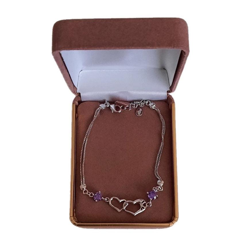 2 Heart Centre Purple Stone Adjustable Bracelet