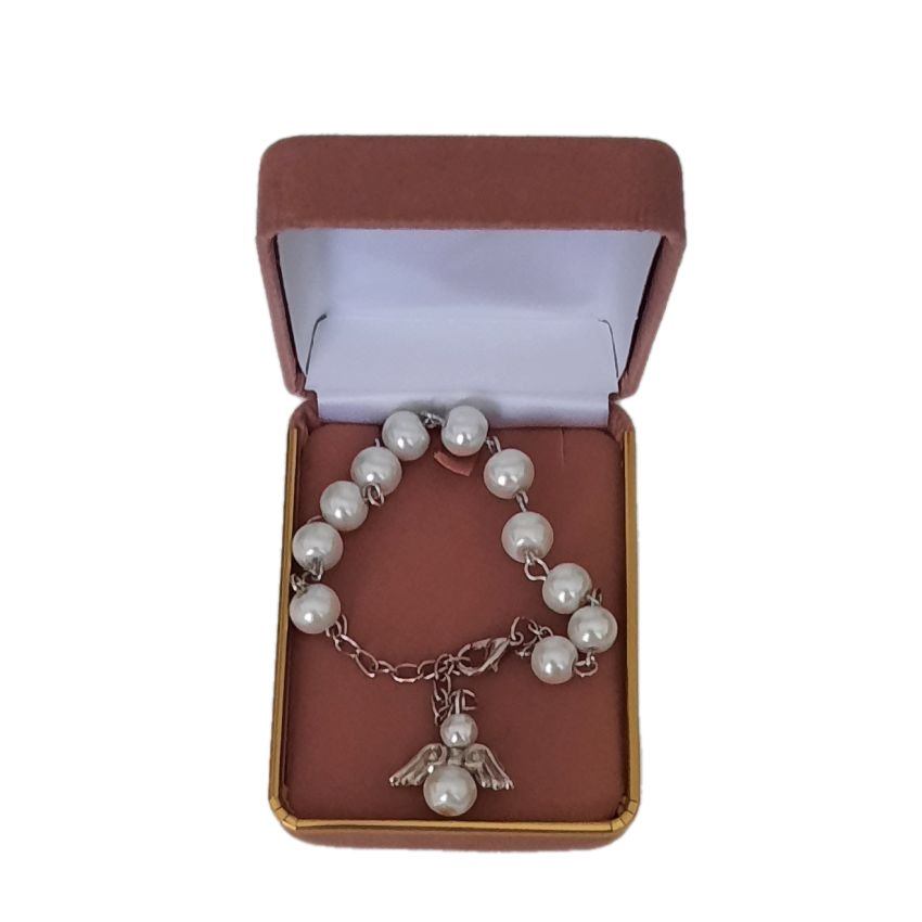 8mm White Pearl Glass Bead Angel Rosary Communion Bracelet(2)