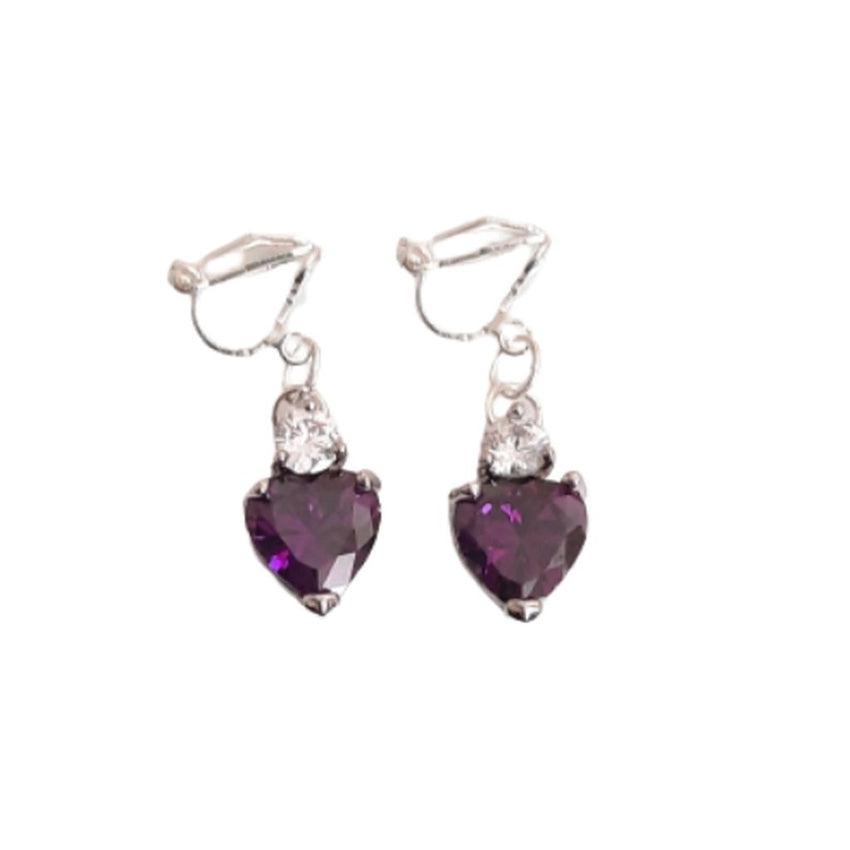 Amethyst Heart Drop Clip On Earrings