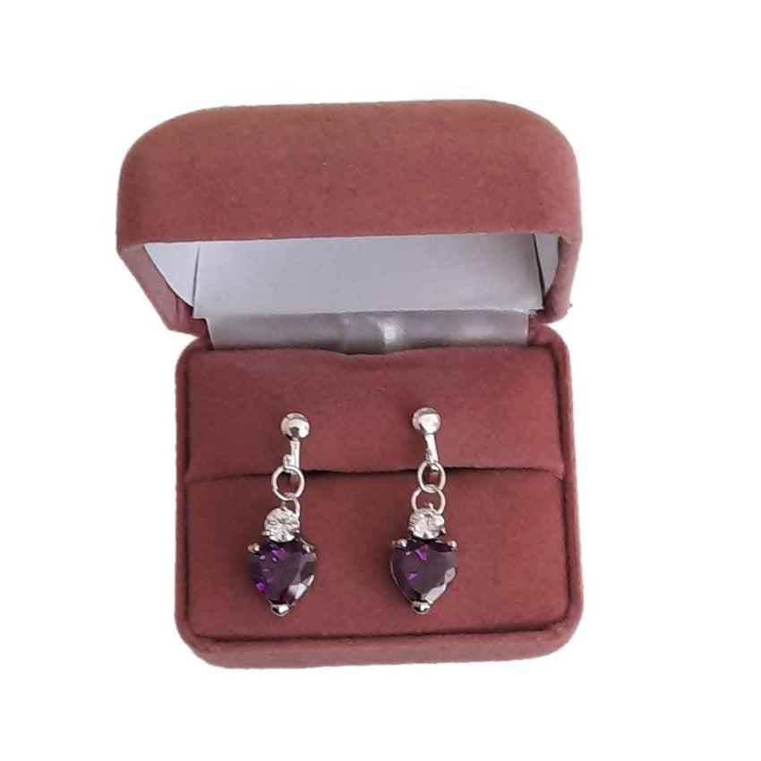 Amethyst Heart Drop Clip On Earrings