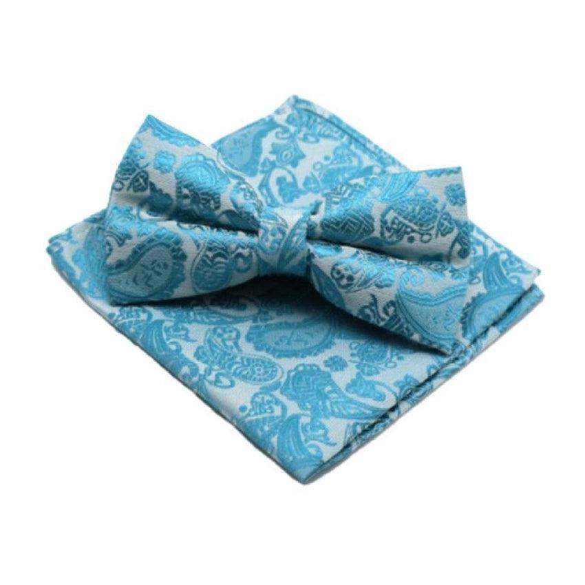 Aqua Paisley Patterned Adjustable Bow Tie Hanky Set