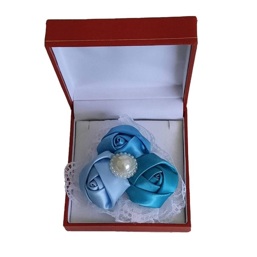 Baby Blue Teal And Sky Blue With a Pearl Centre Wrist Corsage