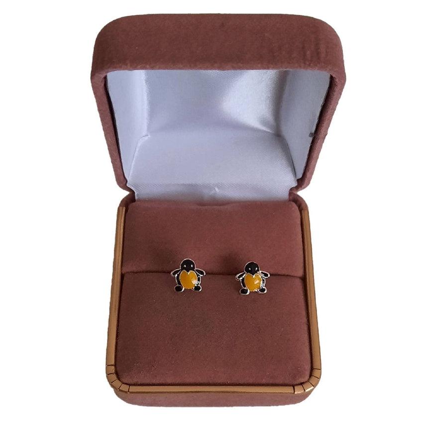 Black And Yellow Sterling Silver Penguin Earrings
