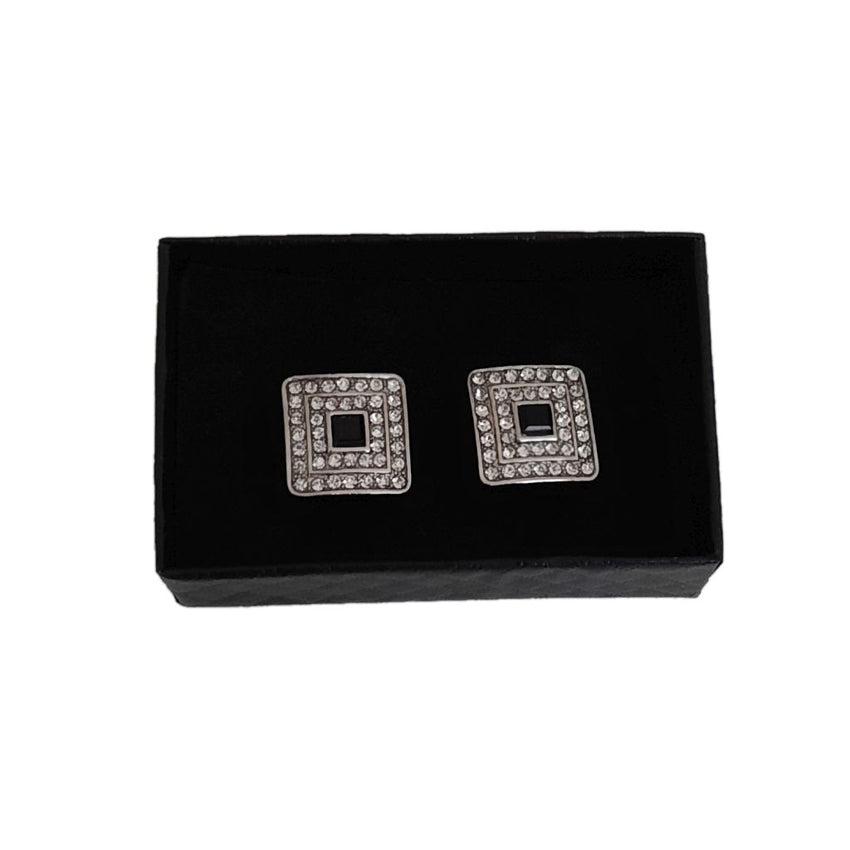 Black Centre Square Cufflinks With Diamante Outer Edges